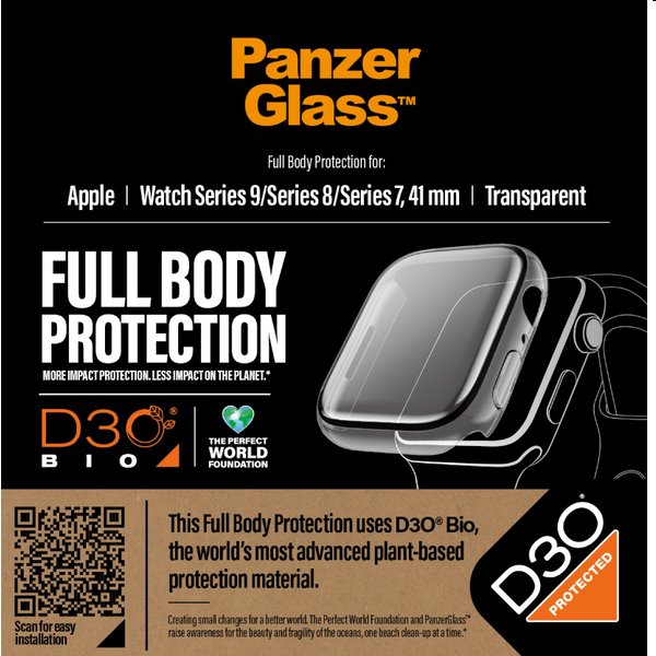 E-shop Tvrdené sklo Full Body D3O PanzerGlass pre Apple Watch 9, 8, 7 41 mm, priesvitné