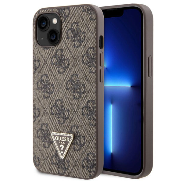 Zadný kryt Guess PU 4G Strass Triangle Metal Logo pre iPhone 15, hnedá