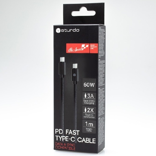 Sturdo Dátový a nabíjací textilný kábel USB-C/USB-C, PD, 3A, 60W, 1m, čierny KAB-0186-STU-TYPEC