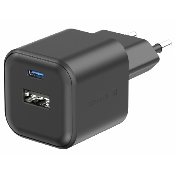 SWISSTEN GaN network adapter 1x USB-C 20 W PD + 1x USB-A 18 W QC, black 22071110