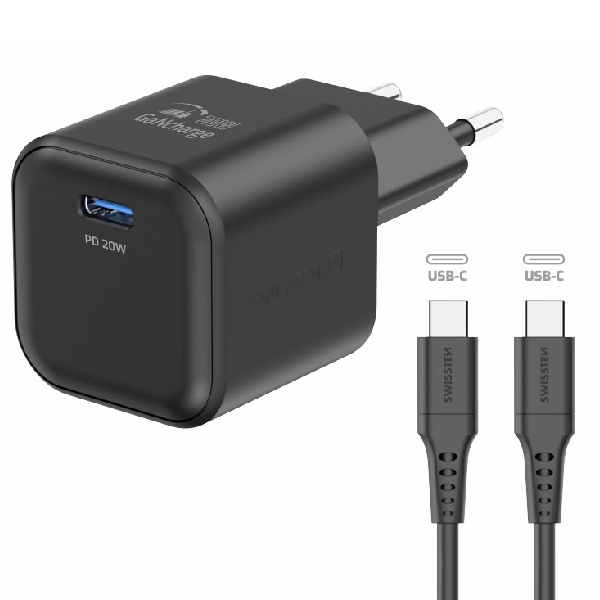 SWISSTEN GaN network adapter 1x USB-C 20 W PD, black + Data cable USB-C/USB-C 1,2 m, black 22070130