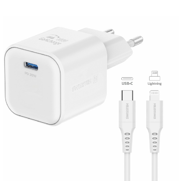 SWISSTEN GaN network adapter 1x USB-C 20 W PD, white + Data cable USB-C/Lighting 1,2 m, white 22070140