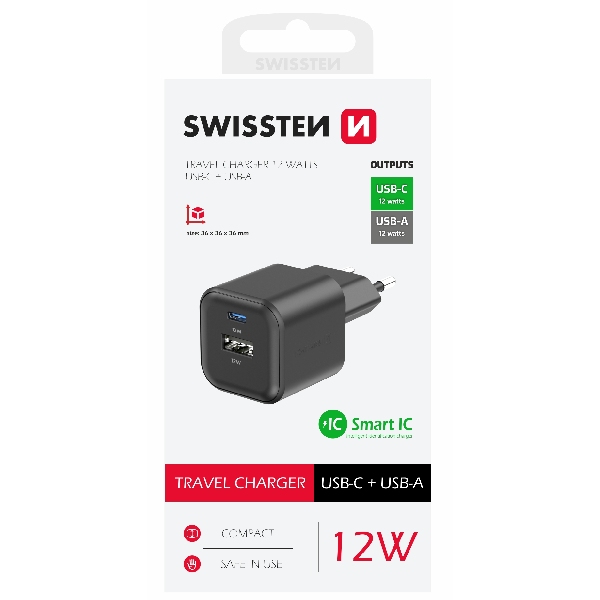 Swissten network Adapter 1x USB-C + 1xUSB-A 12W,black