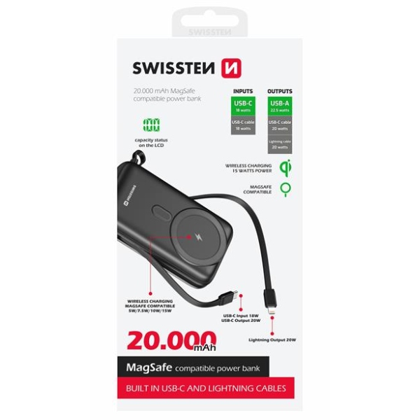 Swissten Powerbank 20 W 20000 mAh (compatible with MagSafe) with integrated USB-C and lighting cables, PD, black 22013934