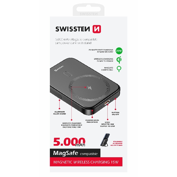 Swissten Powerbanka 20 W 5000 mAh (kompatibilný s MagSafe), PD, čierna 22013975