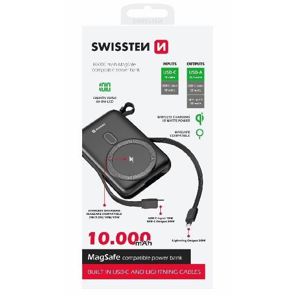 Swissten Powerbanka 20 W 10000 mAh (kompatibilný s MagSafe) s integrovanými káblami USB-C a belskovými káblami, PD, čierna