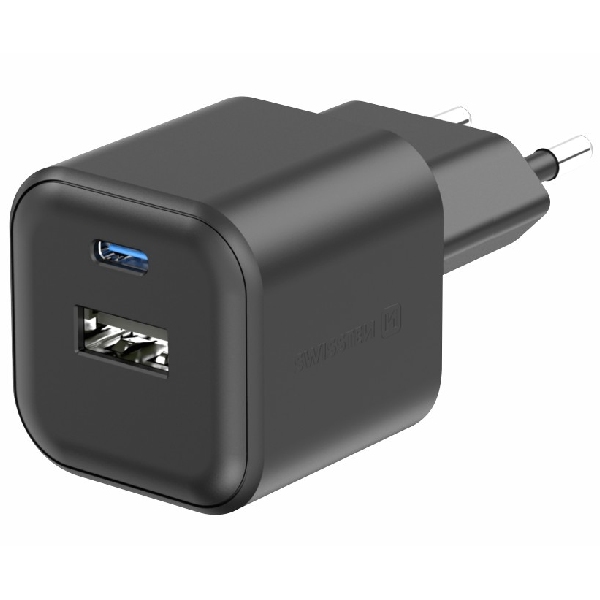 SWISTEN sieťový adaptér GaN 1x USB-C 35 W PD + 1x USB-A 27 W QC, čierny