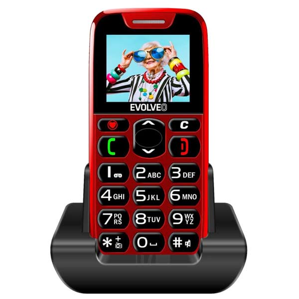 Evolveo EasyPhone, mobilný telefón pre seniorov s nabíjacím stojanom, červený