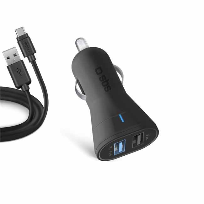 SBS car charger 2xUSB/USB-C, 1m, 2,1A, black, vystavený, záruka 21 mesiacov