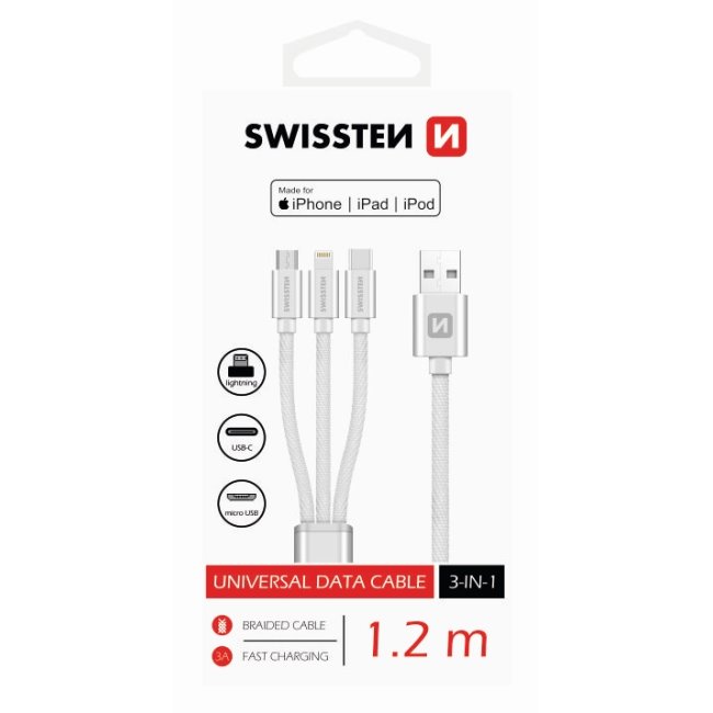 Dátový kábel Swissten textilný 3 v 1 a s podporou rýchlonabíjania, strieborný