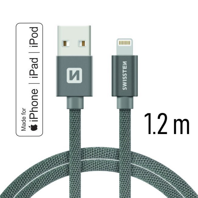 Dátový kábel Swissten textilný s certifikáciou MFI, Lightning konektorom a podporou rýchlonabíjania, sivý