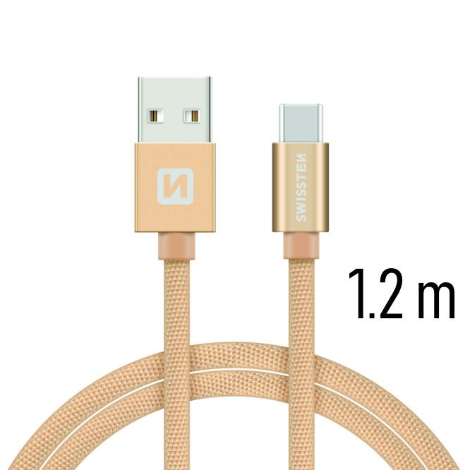 Dátový kábel Swissten textilný s USB-C konektorom a podporou rýchlonabíjania, zlatý
