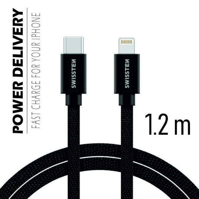 Dátový kábel Swissten textilný s USB-C, Lightning konektormi a podporou rýchlonabíjania, čierny