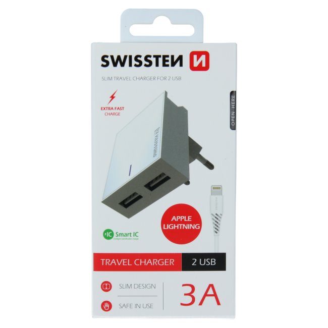 Rýchlonabíjačka Swissten Smart IC 3.A s 2 USB konektormi a dátový kábel USB / Lightning 1,2 m, biela