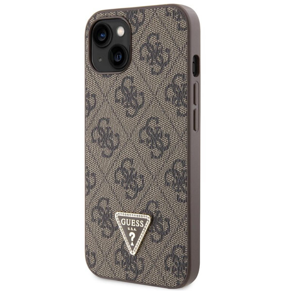 Zadný kryt Guess PU 4G Strass Triangle Metal Logo pre iPhone 15, hnedá