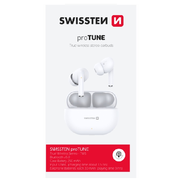 Bluetooth slúchadlá TWS Swissten pro tune, biele