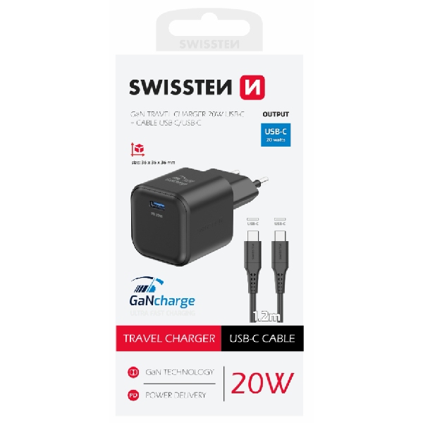 SWISSTEN GaN network adapter 1x USB-C 20 W PD, black + Data cable USB-C/USB-C 1,2 m, black