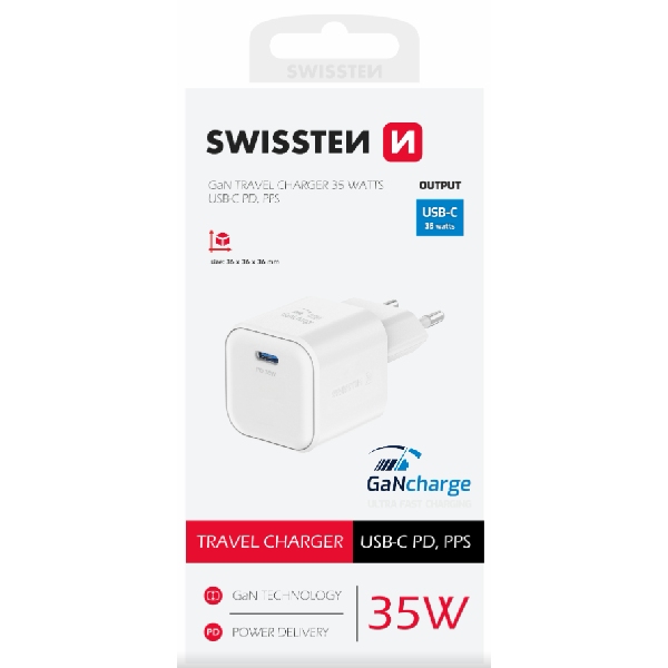 SWISSTEN GaN network adapter 1x USB-C 35 W PD, white