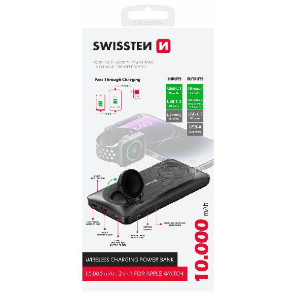 Swissten Power Bank 10000 mAh, 2v1 Pro Apple Watch a MagSafe