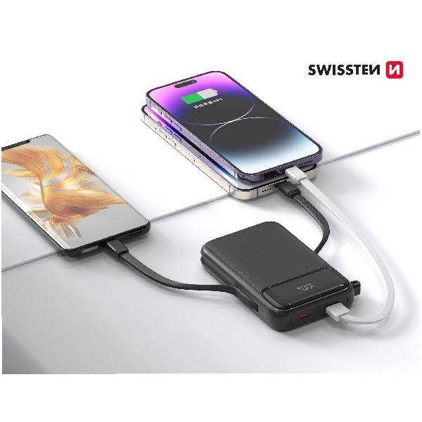Swissten Powerbanka 20 W 10000 mAh (kompatibilný s MagSafe) s integrovanými káblami USB-C a belskovými káblami, PD, čierna