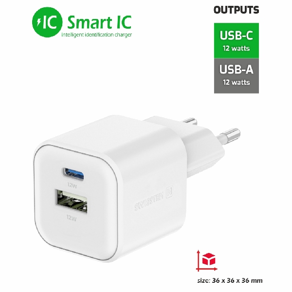 Swissten sieťový adaptér 1x USB-C + 1xUSB-A 12W, biely