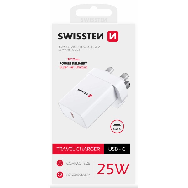 Swissten Sieťový adaptér PD 25 W, pre iPhone a Samsung UK socket, biely