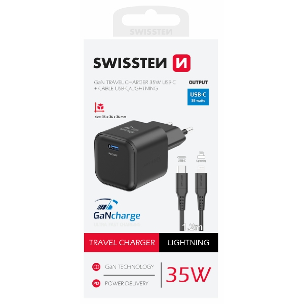 SWISTEN sieťový adaptér 1x USB-C 35 W PD, čierny + dátový kábel USB-C/lightning 1,2 m, čierny