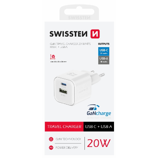 SWISTEN sieťový adaptér GaN 1x USB-C 20 W PD + 1x USB-A 18 W QC, biely