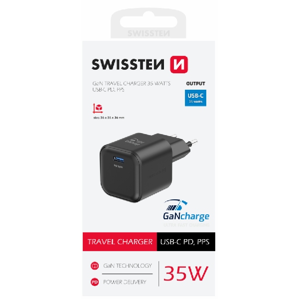 SWISTEN sieťový adaptér GaN 1x USB-C 35 W PD, čierny