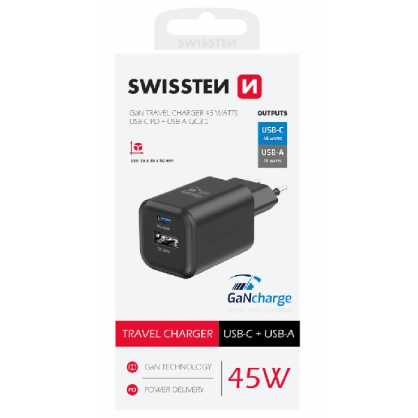 SWWISTEN sieťový adaptér GaN 1x USB-C 45 W PD + 1x USB-A 18 W QC, čierny