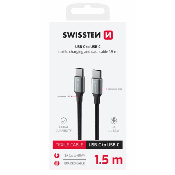 Swissten dátový kábel Textile II USB-C / USB-C 1,5 m, čierny