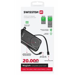 Swissten Powerbank 20 W 20000 mAh (compatible with MagSafe) with integrated USB-C and lighting cables, PD, black