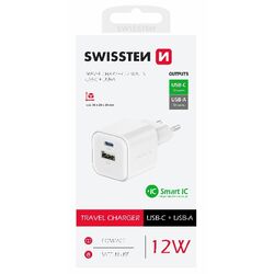 Swissten sieťový adaptér 1x USB-C + 1xUSB-A 12W, biely